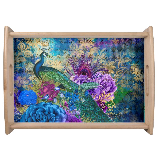 Antique Illustrated Peacock & Flowers Grunge Serving Tray (Front)