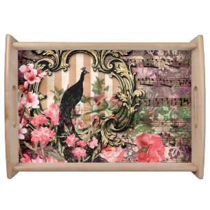 Antique Illustrated Peacock & Flowers Grunge Serving Tray
