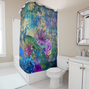 Antique Illustrated Peacock & Flowers Grunge Shower Curtain