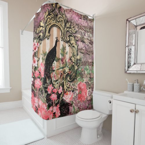 Antique Illustrated Peacock  Flowers Grunge Shower Curtain