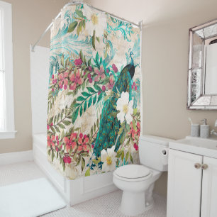 Antique Illustrated Peacock & Flowers Grunge Shower Curtain