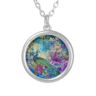 Antique Illustrated Peacock & Flowers Grunge Silver Plated Necklace