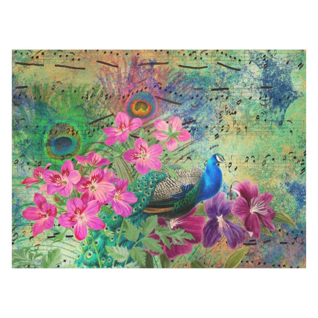 Antique Illustrated Peacock & Flowers Grunge Tablecloth (Front (Horizontal))