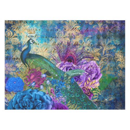 Antique Illustrated Peacock  Flowers Grunge Tablecloth