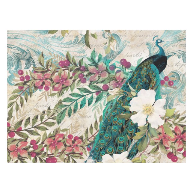 Antique Illustrated Peacock & Flowers Grunge Tablecloth (Front (Horizontal))