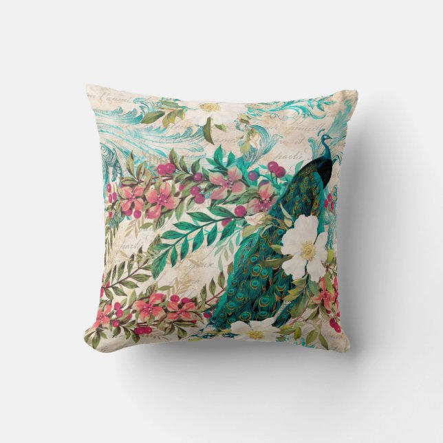 Antique Illustrated Peacock & Flowers Grunge Throw Pillow (Front)