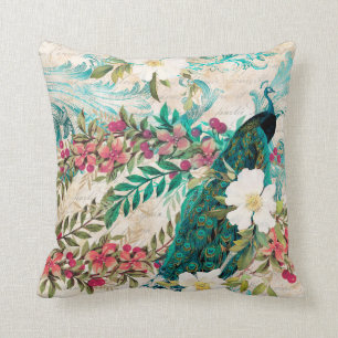 Antique Illustrated Peacock & Flowers Grunge Throw Pillow