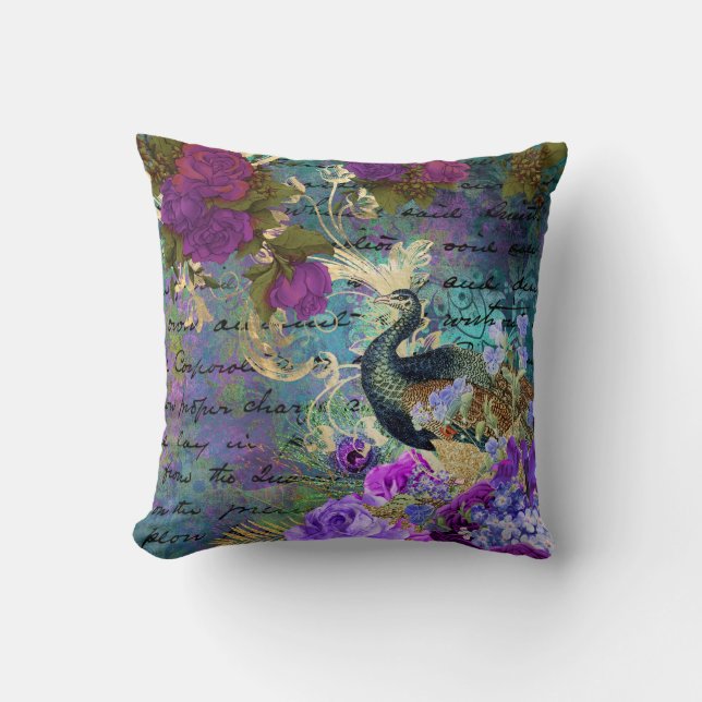 Antique Illustrated Peacock & Flowers Grunge Throw Pillow (Front)