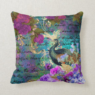 Antique Illustrated Peacock & Flowers Grunge Throw Pillow