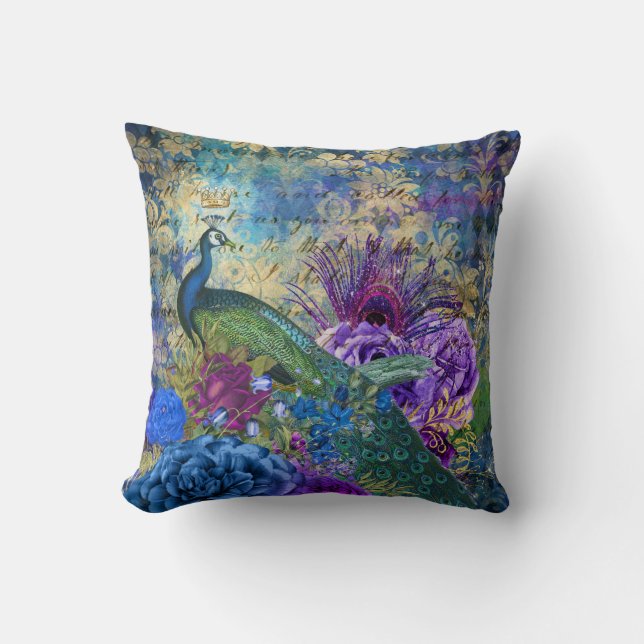 Antique Illustrated Peacock & Flowers Grunge Throw Pillow (Front)