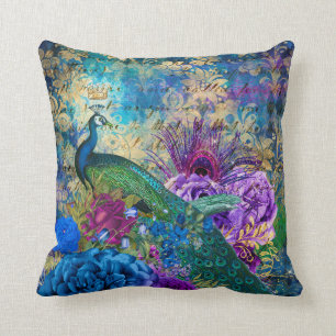 Antique Illustrated Peacock & Flowers Grunge Throw Pillow