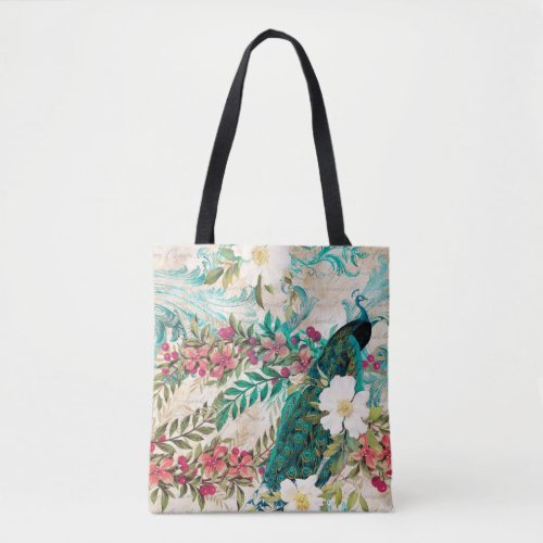 Antique Illustrated Peacock  Flowers Grunge Tote Bag