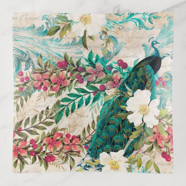 Antique Illustrated Peacock & Flowers Grunge Trinket Tray (Front)