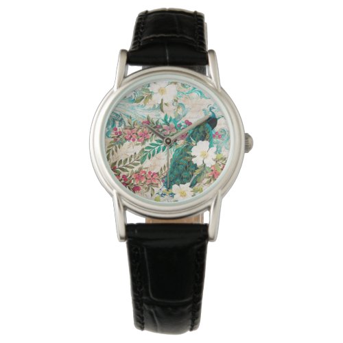 Antique Illustrated Peacock  Flowers Watch