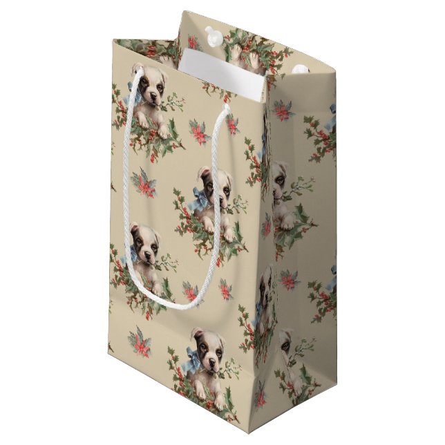 Antique Illustration Sweet Dog Christmas Pattern Small Gift Bag (Front Angled)
