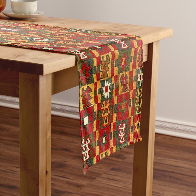 Antique Inca Tribal Star Pattern Print Short Table Runner (In Situ)