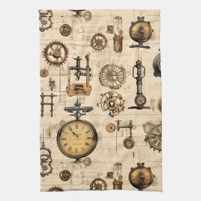 Antique Industrial Clockwork Sepia Brass Kitchen Towel (Vertical)