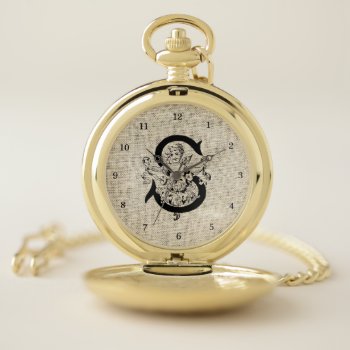 Antique Inspired Burlap Initial S Cherub Pocket Watch by camcguire at Zazzle