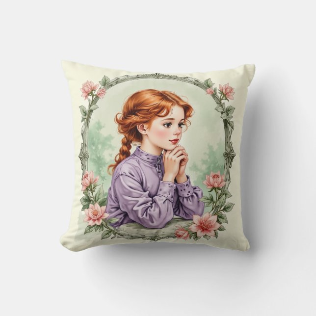 Antique-Inspired Floral Girl  Throw Pillow (Front)