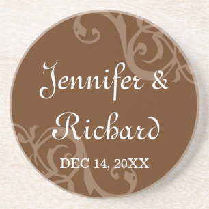 Antique iron scroll brown custom name wedding date sandstone coaster