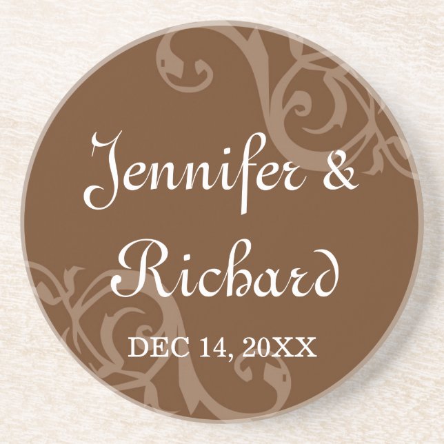 Antique iron scroll brown custom name wedding date sandstone coaster (Front)