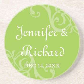 Antique Iron Scroll Green Custom Name Wedding Date Drink Coaster by FidesDesign at Zazzle