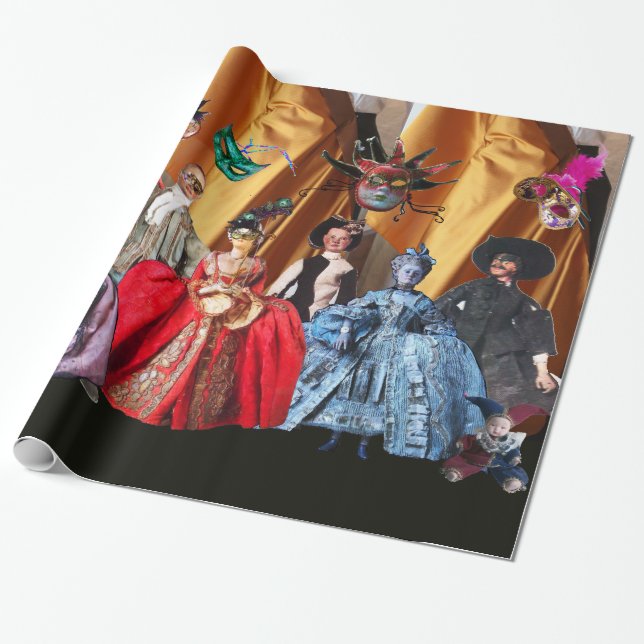 ANTIQUE ITALIAN PUPPETS AND MASKS MASQUERADE PARTY WRAPPING PAPER (Unrolled)