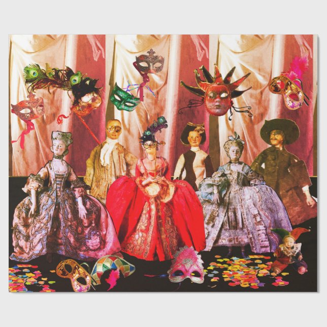 ANTIQUE ITALIAN PUPPETS AND MASKS MASQUERADE PARTY WRAPPING PAPER (Flat)