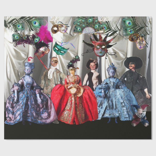 ANTIQUE ITALIAN PUPPETS AND MASKS MASQUERADE PARTY WRAPPING PAPER (Flat)