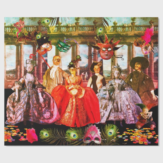 ANTIQUE ITALIAN PUPPETS AND MASKS MASQUERADE PARTY WRAPPING PAPER (Flat)