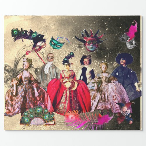 ANTIQUE ITALIAN PUPPETS AND MASKS MASQUERADE PARTY WRAPPING PAPER