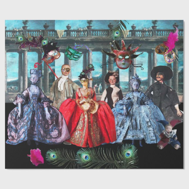 ANTIQUE ITALIAN PUPPETS AND MASKS MASQUERADE PARTY WRAPPING PAPER (Flat)
