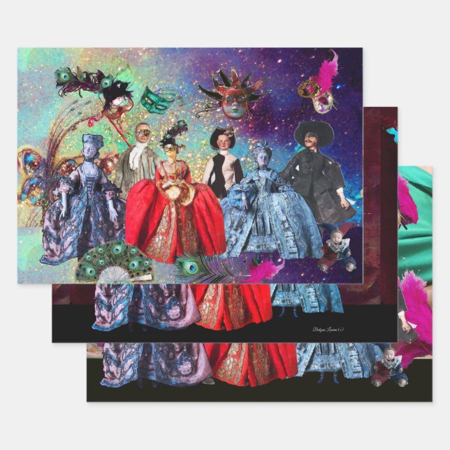 ANTIQUE ITALIAN PUPPETS AND MASKS MASQUERADE PARTY WRAPPING PAPER SHEETS (Set)