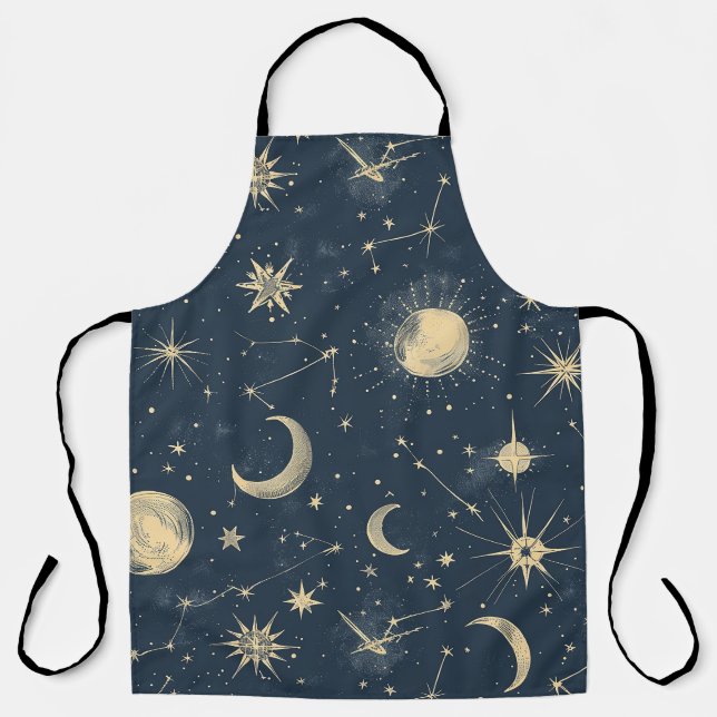 Antique Ivory Celestial Moon Star Map Navy Apron (Front)