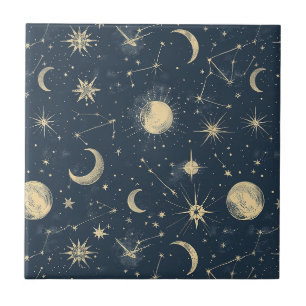 Antique Ivory Celestial Moon Star Map Navy Ceramic Tile