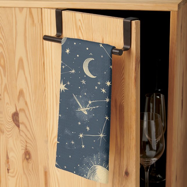 Antique Ivory Celestial Moon Star Map Navy Kitchen Towel (Thirds Fold)