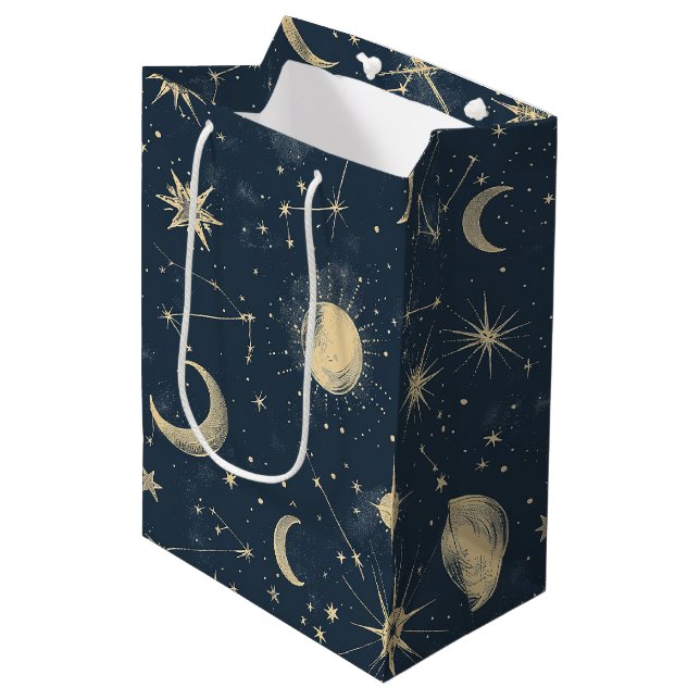 Antique Ivory Celestial Moon Star Map Navy Medium Gift Bag (Front Angled)