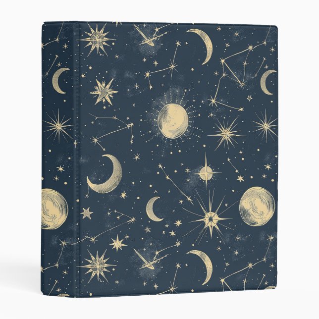 Antique Ivory Celestial Moon Star Map Navy Mini Binder (Front/Spine)