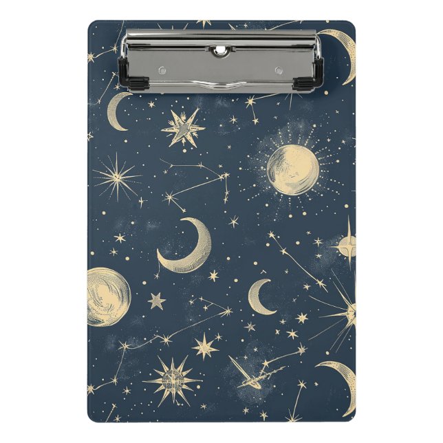 Antique Ivory Celestial Moon Star Map Navy Mini Clipboard (Front)