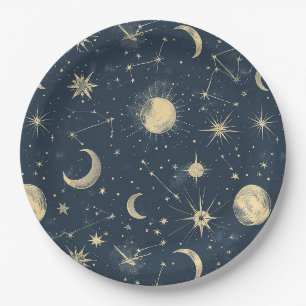 Antique Ivory Celestial Moon Star Map Navy Paper Plates