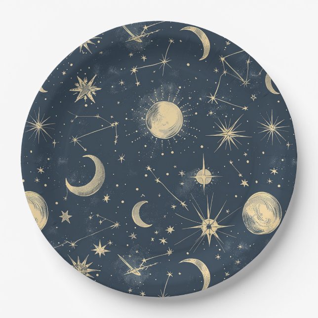 Antique Ivory Celestial Moon Star Map Navy Paper Plates (Front)
