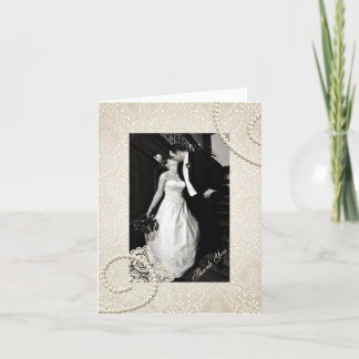 Antique Ivory Damask Wedding Photo Thank You