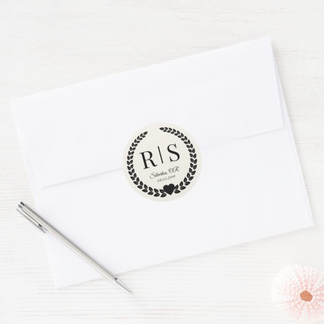 Antique Ivory Wedding Monogram Initials Classic Round Sticker (Envelope)