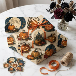 Antique Jacks Black Cats Moon Halloween Decoupage Wrapping Paper Sheets