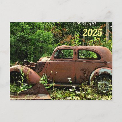 Antique Jalopy Car with 2025 Calendar on Back Post