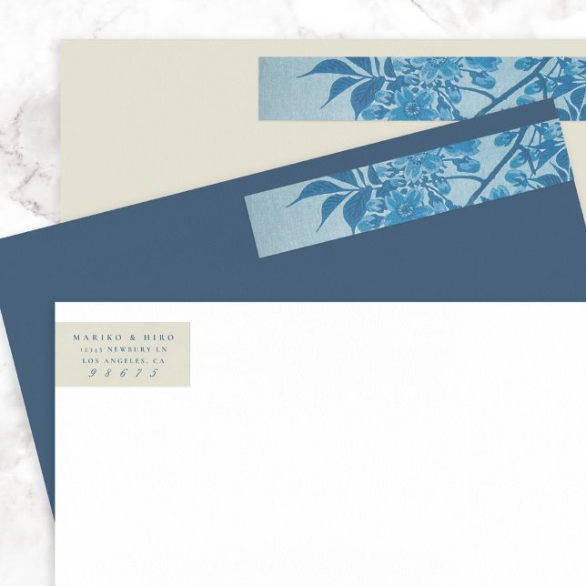 Antique Japanese Blue Cherry Blossom Address  Wrap Around Label (Creator Uploaded)