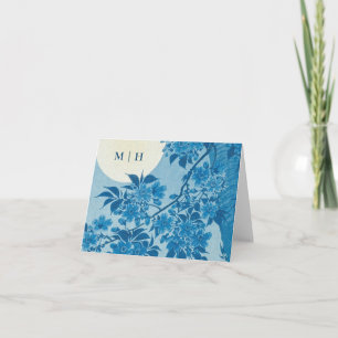 Antique Japanese Blue Cherry Blossom Initials Letterpress Thank You Card