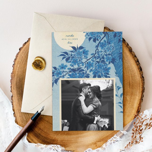 Antique Japanese Blue Cherry Blossom Photo Save The Date (Creator Uploaded)
