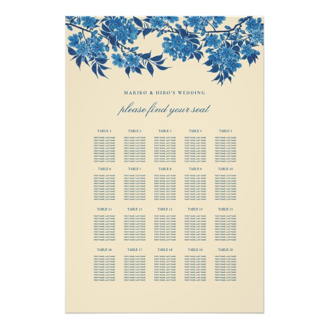 Antique Japanese Blue Cherry Blossom Seating Chart Photo Print (Front)