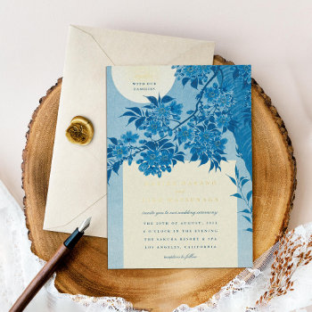 Antique Japanese Blue Cherry Blossom Wedding Gold Foil Invitation by beckynimoy at Zazzle